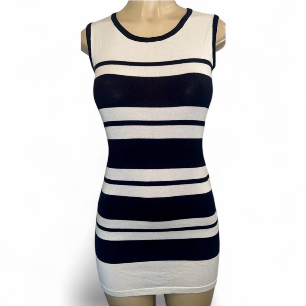 FQ&L Collection Black Ivory Striped Sleeveless Bodycon Mini Dress Size Small